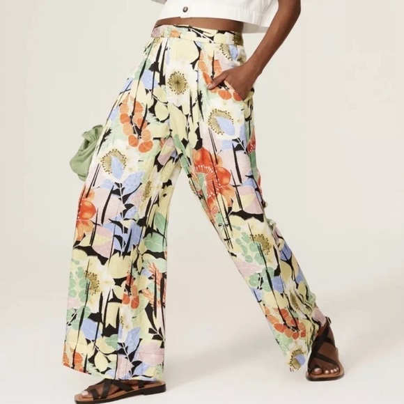 EQUIPMENT Pants Womens 8 Lorin 100% Silk Yellow Floral Wide Leg Trousers $395 - Picture 1 of 14